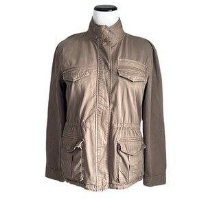 Hinge Women's Utility Cotton Jacket Casual Army Brown Front Pockets Military M